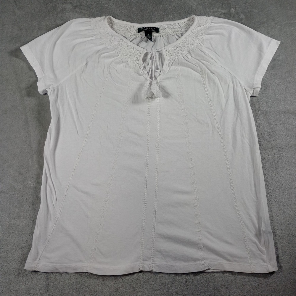 Lauren Ralph Lauren Peasant Top Womens Medium White Smocked Tassel Boho